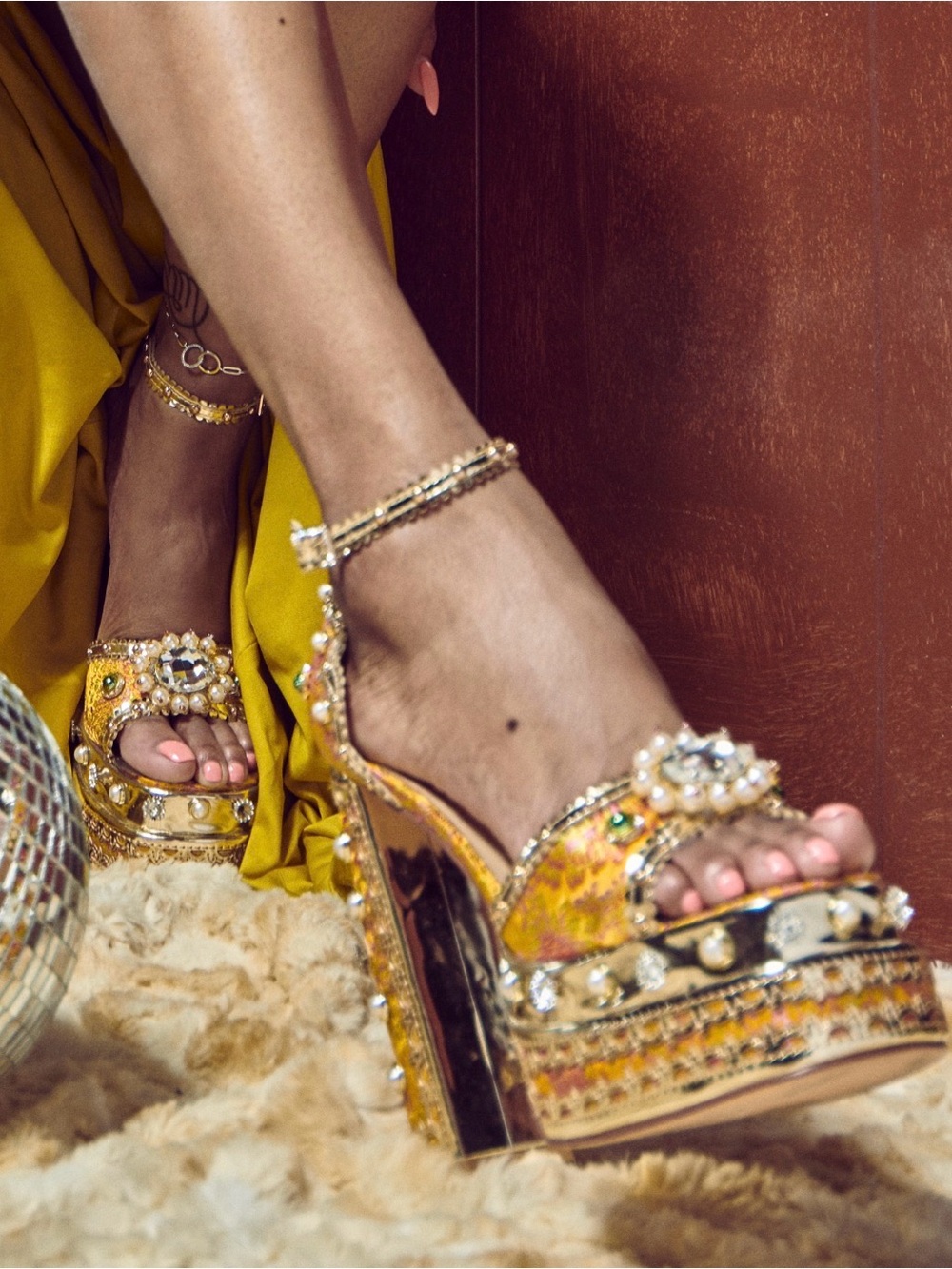 Embellished Gold Platform Sandals - Women's Evening Heels